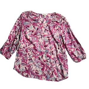 Coral Bay Womens XL Pink Purple Floral Smocked Neck 3/4 Sleeve Top Linen Rayon